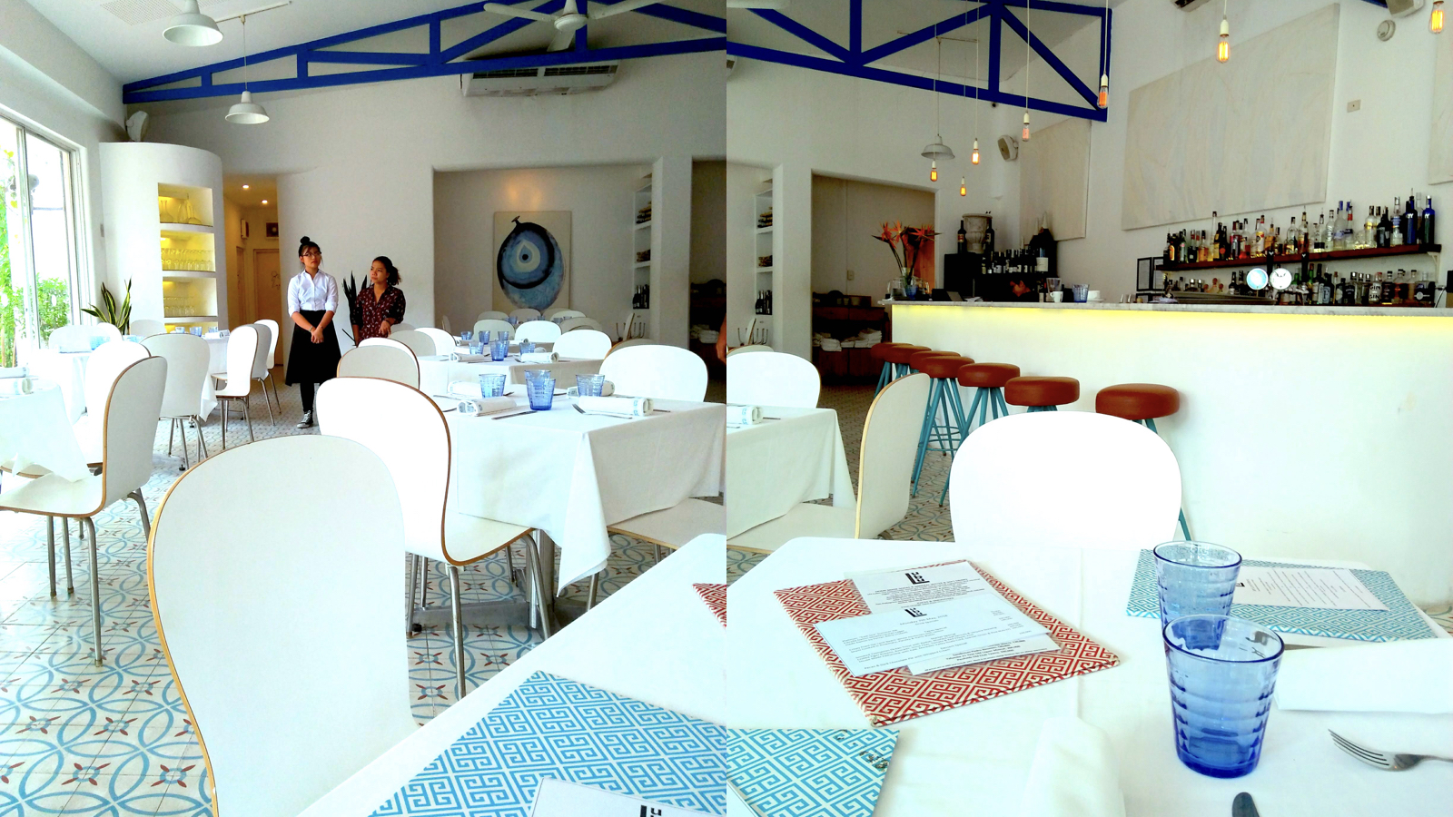地中海料理ルブの内装 地中海の雰囲気が漂う青と白で統一された家具食器類